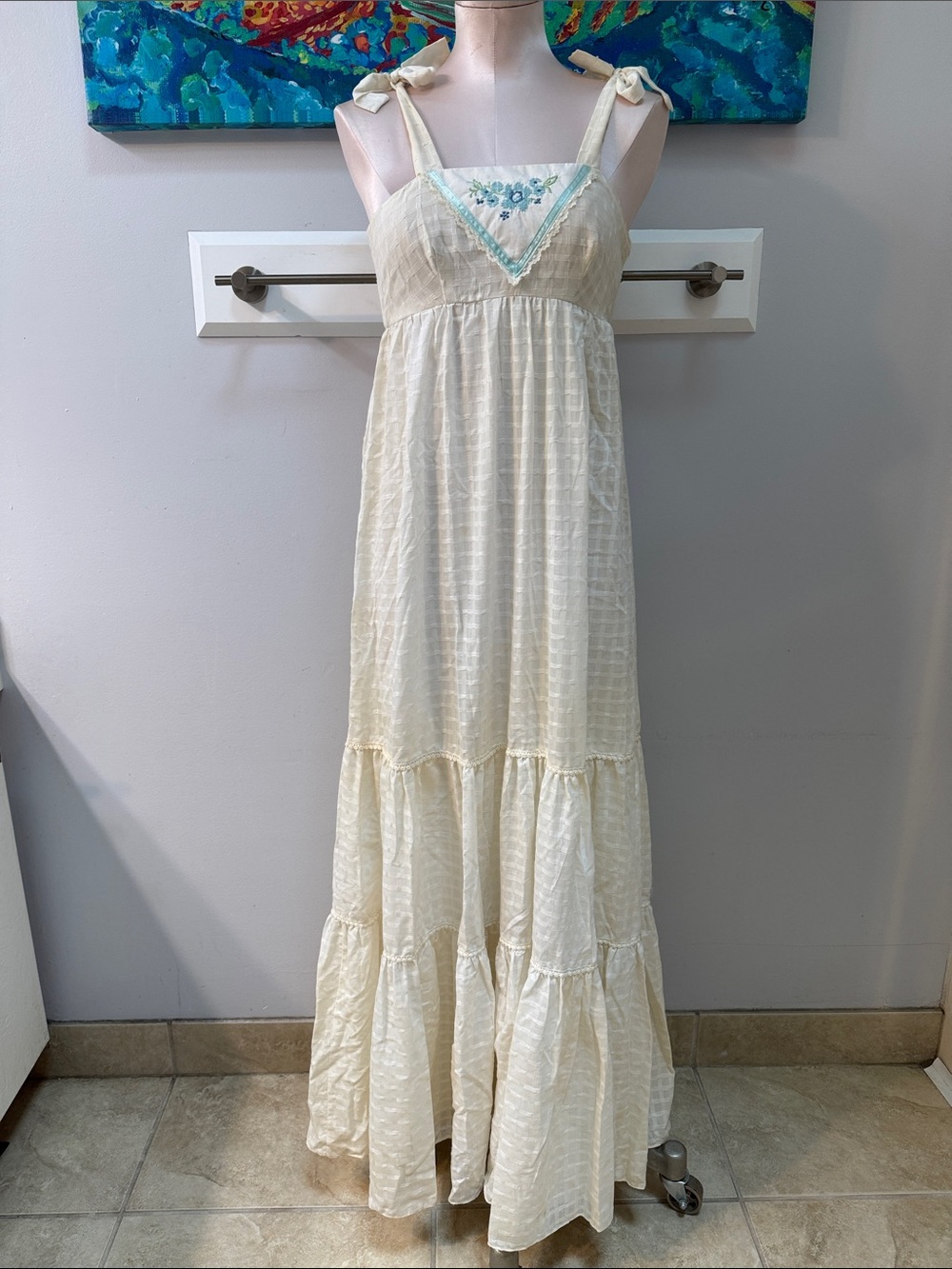 Vintage 1970's Cream Tie-Strap Maxi Dress  Candi Jones California sz. XS